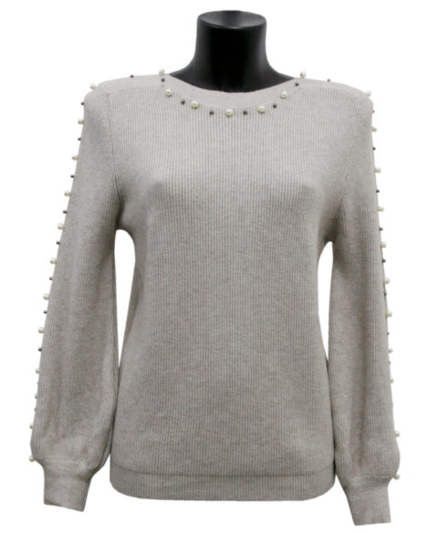 MAGLIA COLORE BEIGE COLLO TONDO CON PERLINE