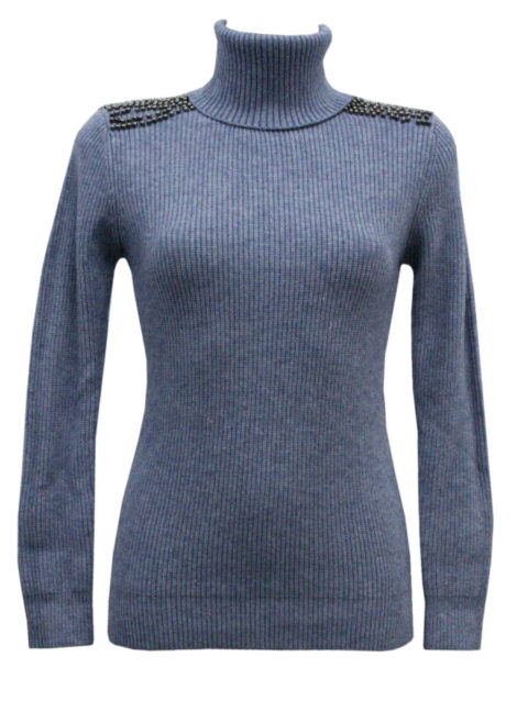 MAGLIONE GIROCOLLO COLORE AZZURROCON PERLINE