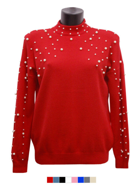 MAGLIONE GIROCOLLO COLORE ROSSO PERLINE
