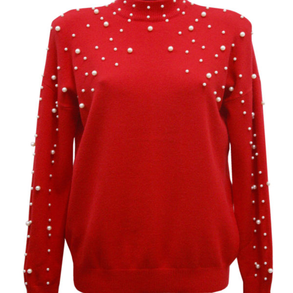 MAGLIONE GIROCOLLO COLORE ROSSO CON PERLINE